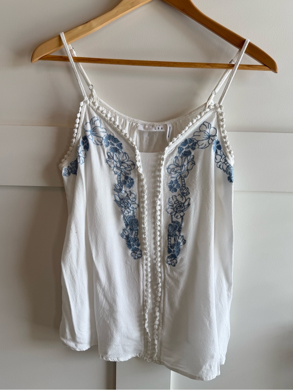 White Embroidered Spaghetti Strap Tank Top - Blue Floral